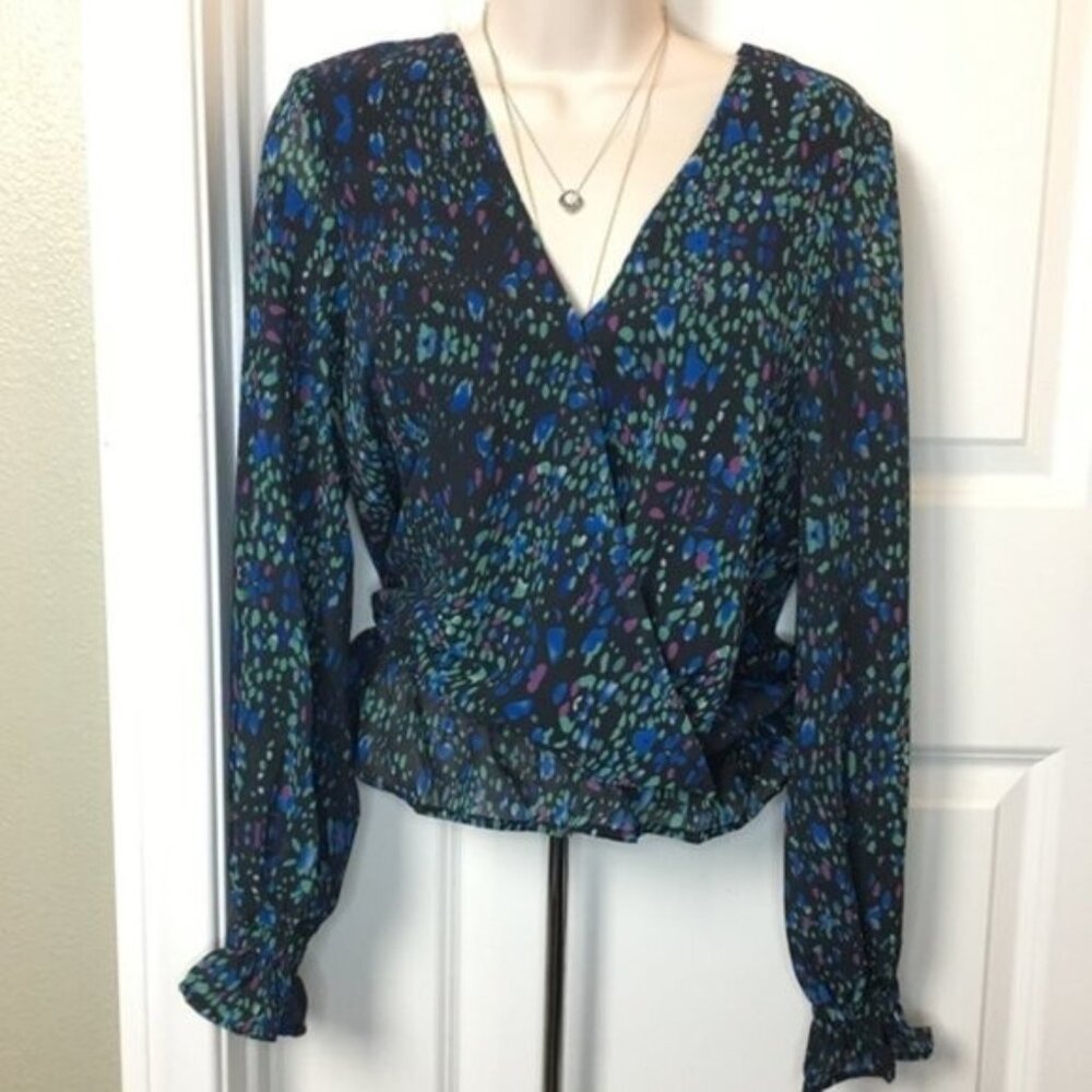 Smocked Ruffle Top Splatter Multi Print Career Blouse S